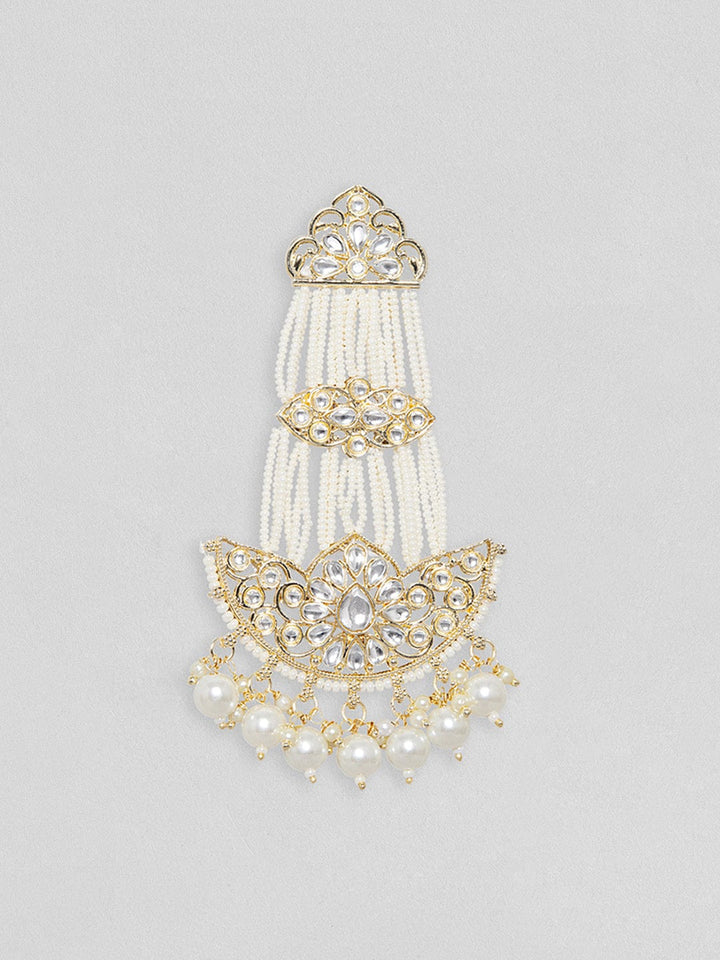 Rubans Gold Plated Classic Kundan Chandbali With White Beads. Earrings