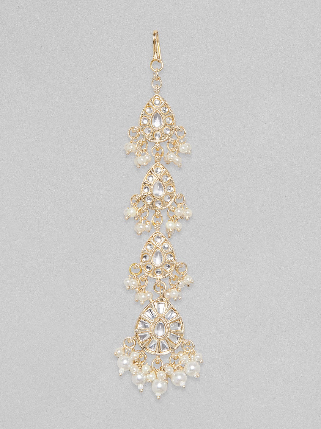 Rubans Gold Plated Classic Kundan Mangtikka With White Beads. Head Jewellery
