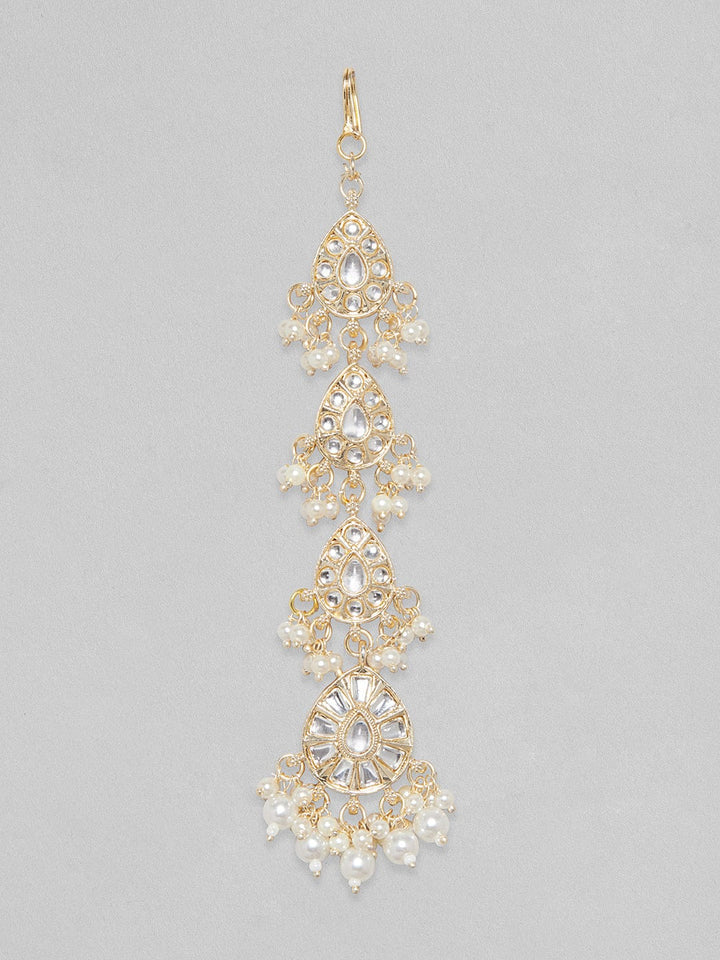 Rubans Gold Plated Classic Kundan Mangtikka With White Beads. Head Jewellery