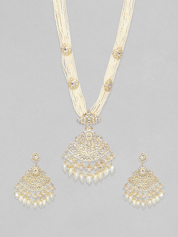 Rubans Gold Plated Classic Kundan Necklace Set With White Beads. Necklace Set