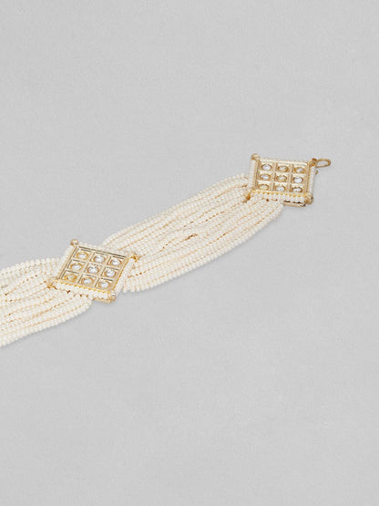 Rubans Gold Plated Classic Kundan Sheeshphool With White Beads. Head Jewellery