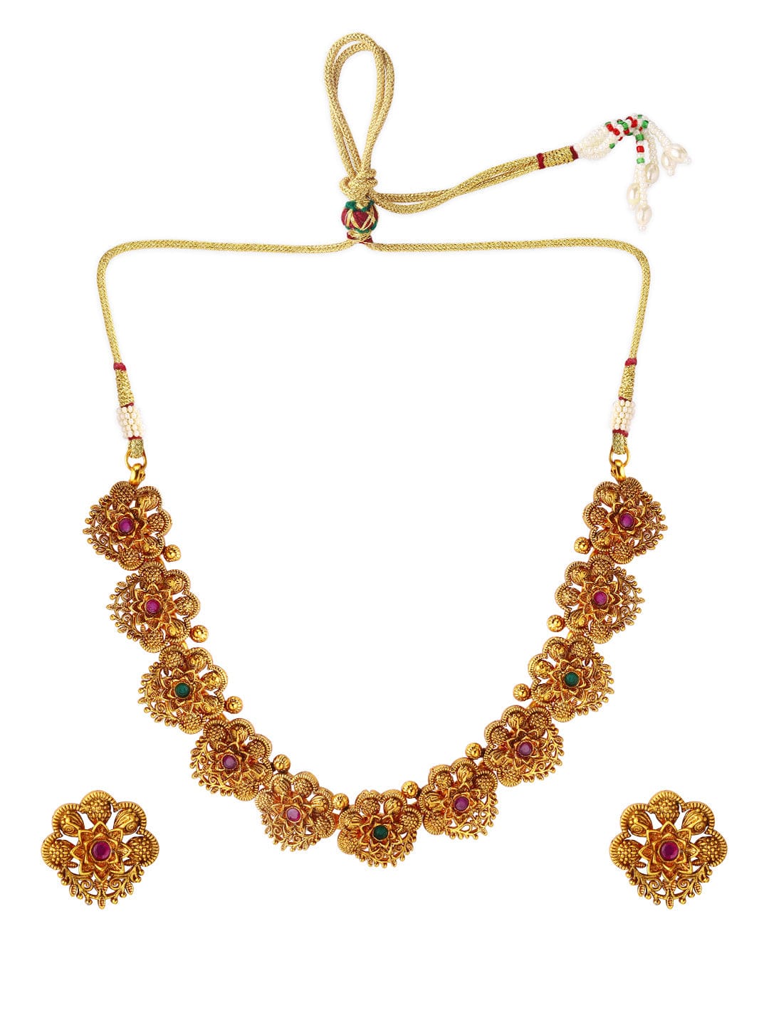 Rubans Gold Plated Color Stone Temple Necklace Set Necklace Set