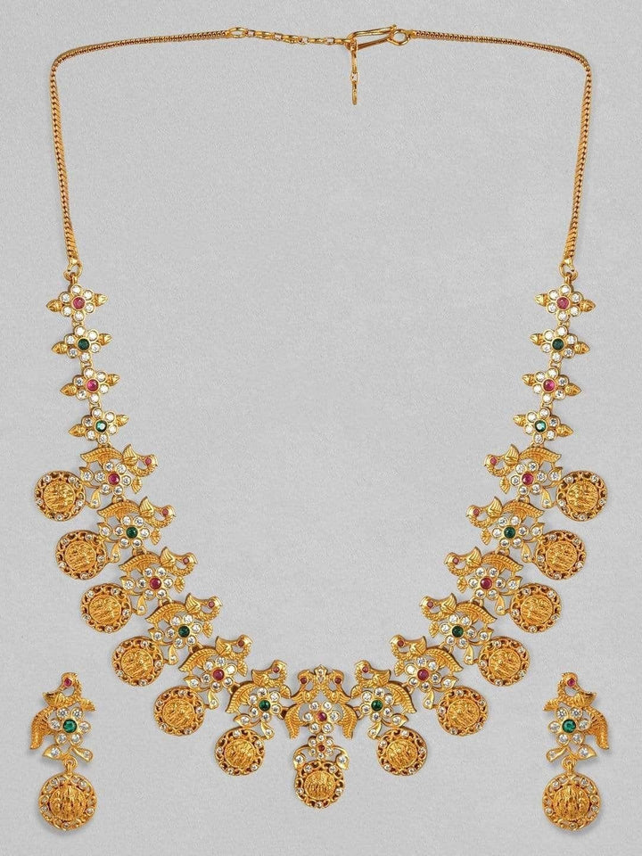 Rubans Gold Plated  CZ Studded Floral Temple Jewellery Set Necklace Set