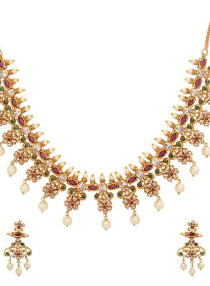 Rubans Gold Plated CZ Studded Floral Temple Jewellery Set Necklace Set