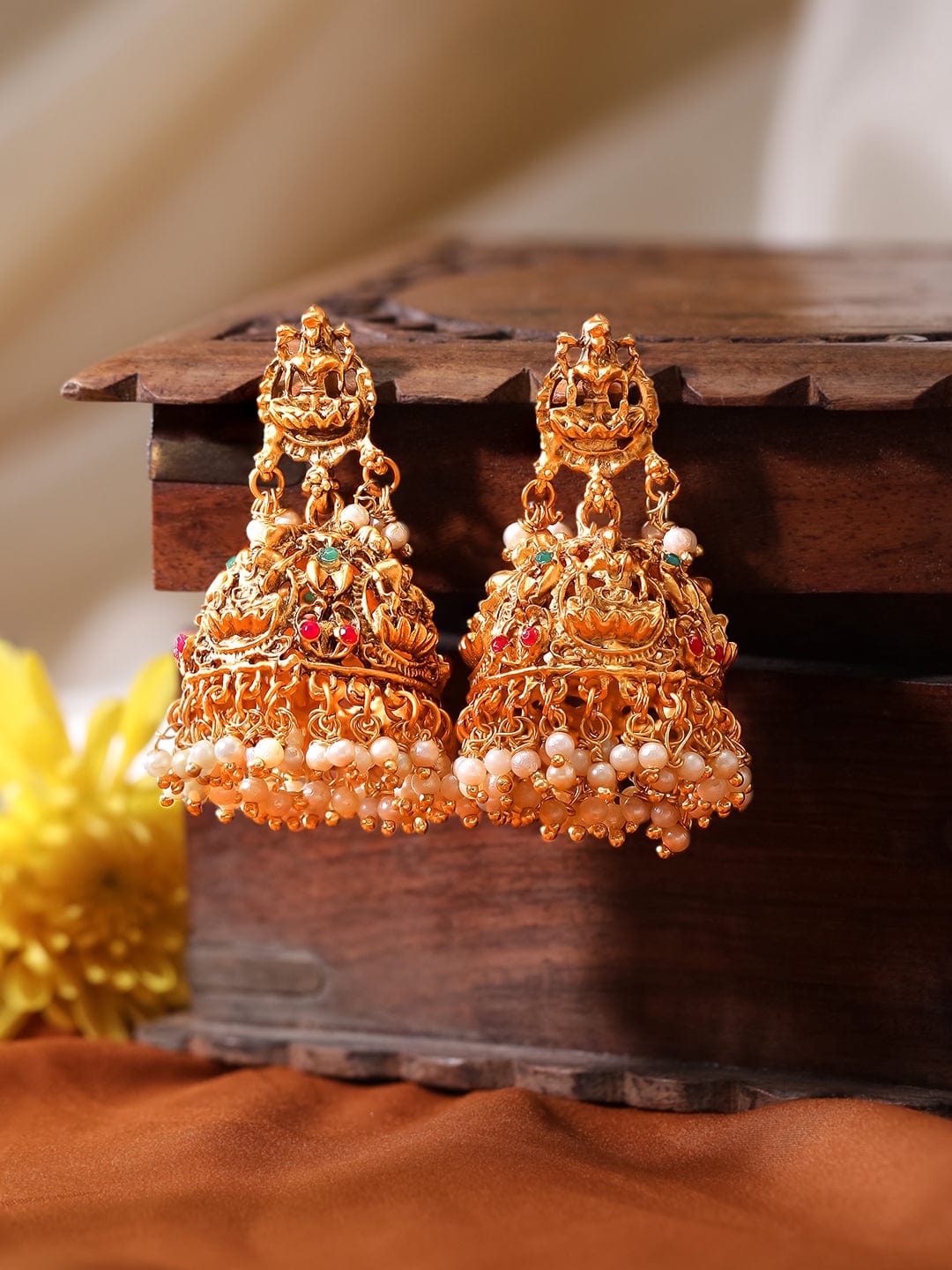 Rubans Gold Plated Devine Lakshmi With Red And Green Stone White Pearls Jhumka Earrings. Earrings