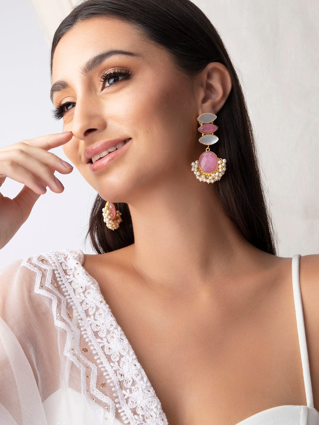 Rubans Gold Plated Drop Earrings With Studded Pink And White Stones Earrings