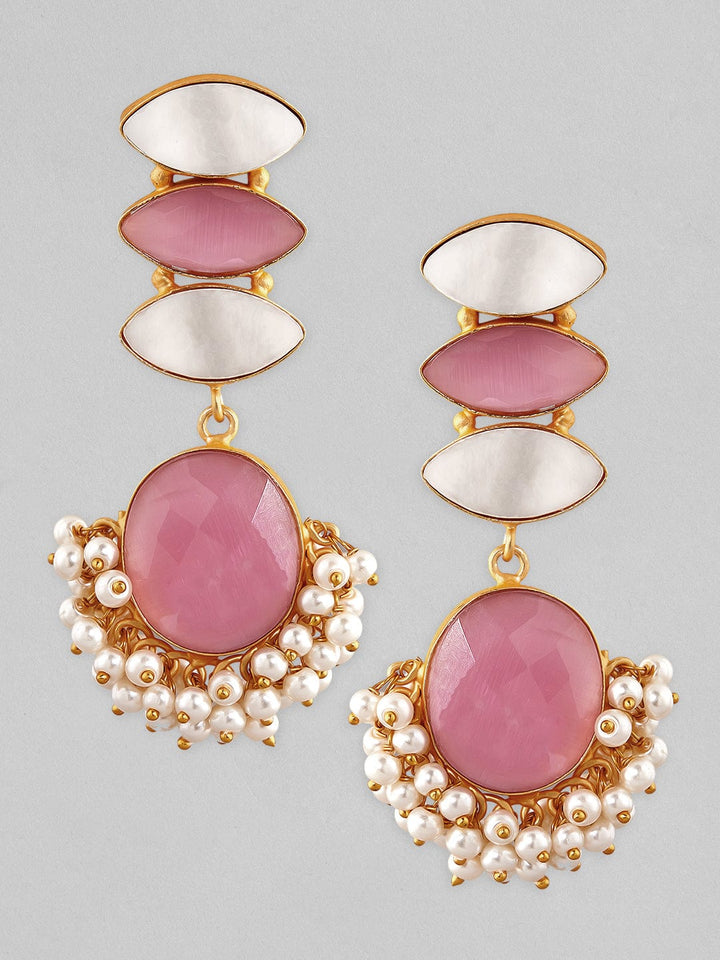 Rubans Gold Plated Drop Earrings With Studded Pink And White Stones Earrings
