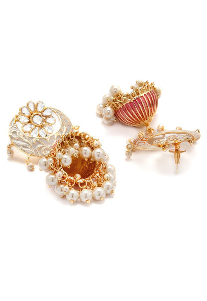 Rubans Gold Plated Enamel Pearl Statement Jhumka Earrings Earrings