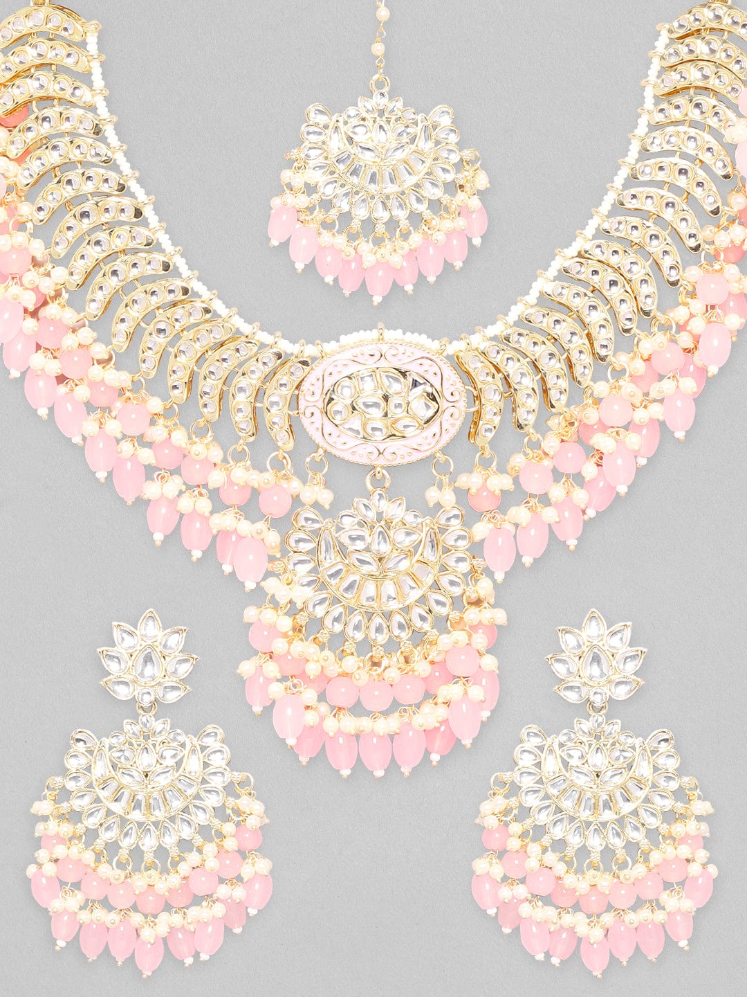 Rubans Gold Plated Fancy Kundan Set With Pink Beads. Necklace Set