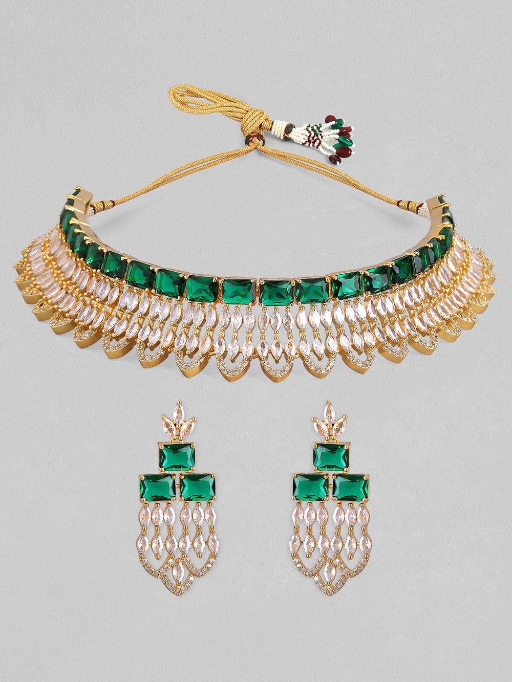 Rubans Gold Plated Green & White Stone Studded American Diamond Necklace Set. Necklace Set
