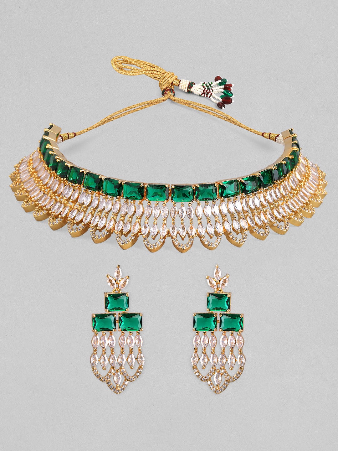 Rubans Gold Plated Green &amp; White Stone Studded American Diamond Necklace Set. Necklace Set