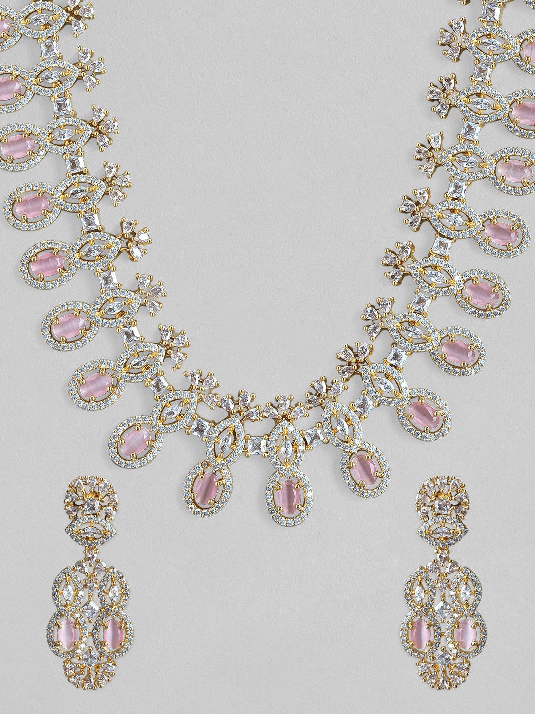 Rubans Gold Plated Handcrafted AD Stone Pink Studded Necklace Set. Necklace Set