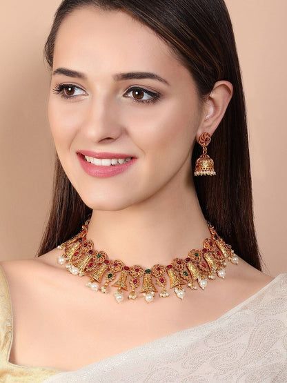 Rubans Gold Plated Handcrafted Color Stone Necklace Set Necklace Set
