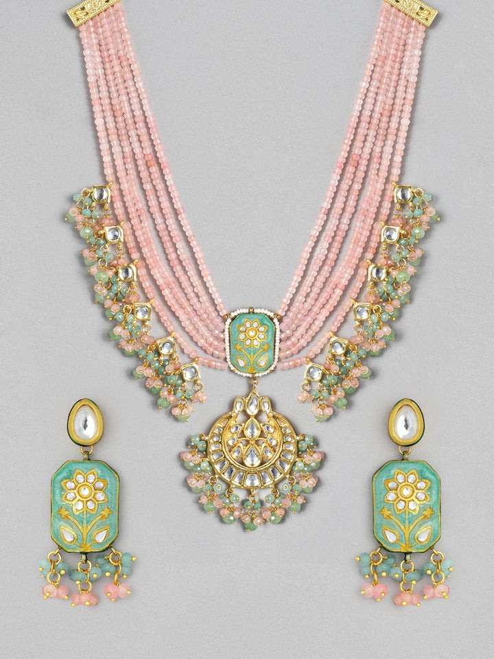Rubans Gold Plated Handcrafted Enamel & Kundan Pink Beads Necklace Set Necklace Set