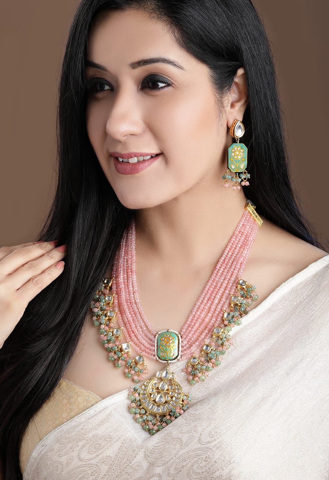 Rubans Gold Plated Handcrafted Enamel & Kundan Pink Beads Necklace Set Necklace Set