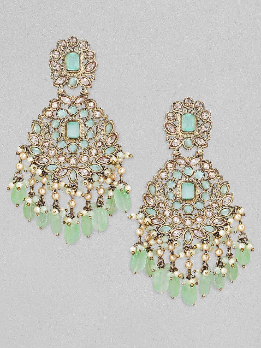 Rubans Gold Plated Handcrafted Kundan & Green Enamelled Beads Chandbali Earrings Earrings