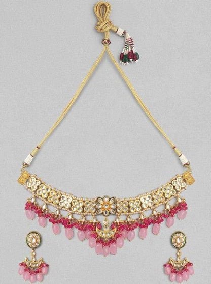 Rubans Gold Plated Handcrafted Kundan &amp; Pink Gem Stone Choker Set Necklace Set