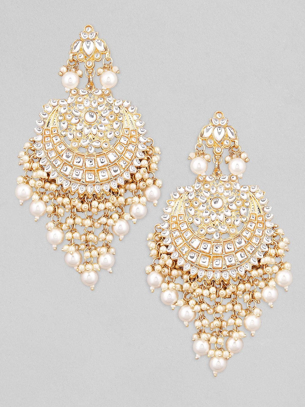 Rubans Gold Plated Handcrafted Kundan Studded White Beaded Chandbali Earrings Earrings