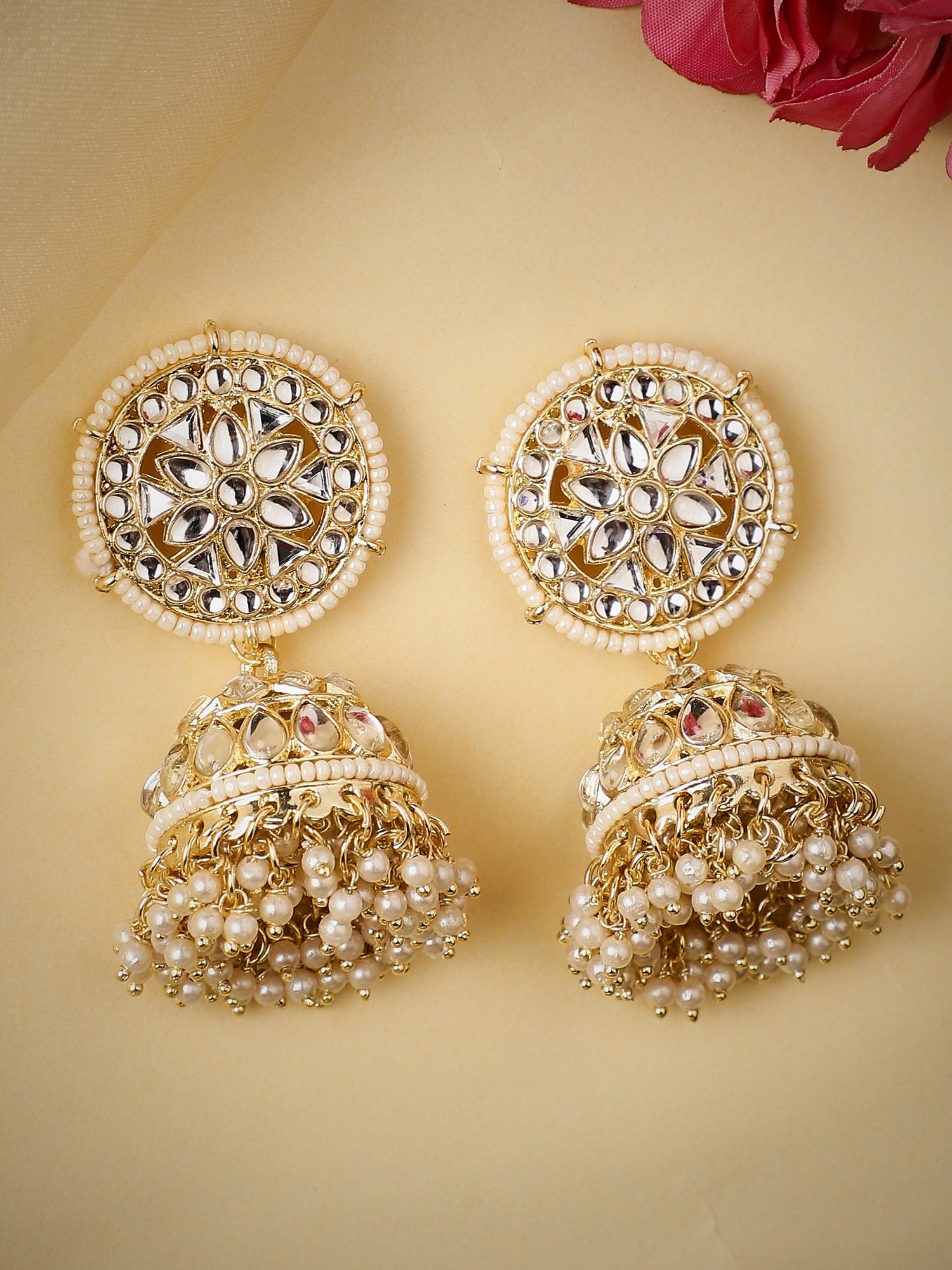 Rubans Gold Plated Handcrafted Kundan &amp; White Perals Jhumka Earrings Earrings