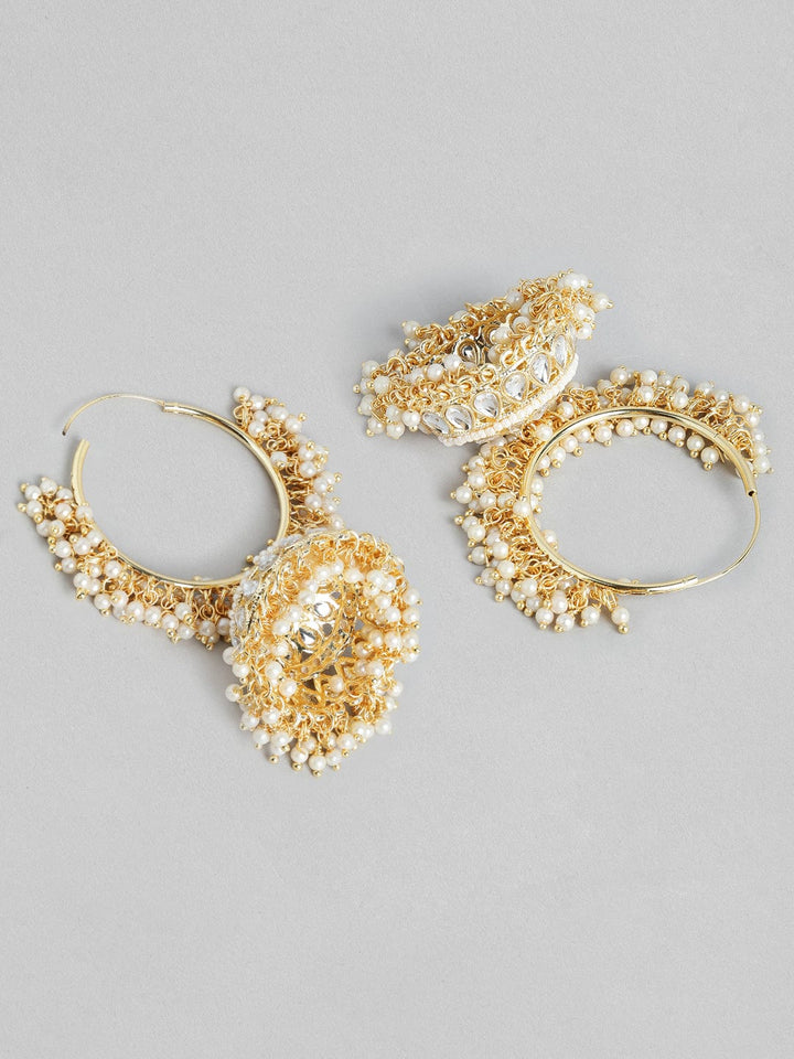 Rubans Gold Plated Handcrafted Kundan with White Pearls Jhumka Earrings Earrings