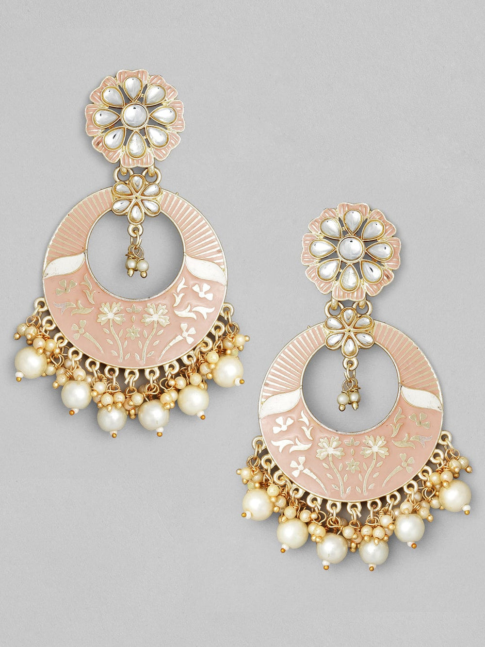Rubans Gold Plated Handcrafted Pink Enamel Statement with Pearl Chandbali Earrings Earrings
