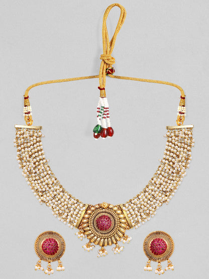 Rubans Gold Plated Handcrafted Red Stone Studded White Beaded Choker Set. Necklace Set