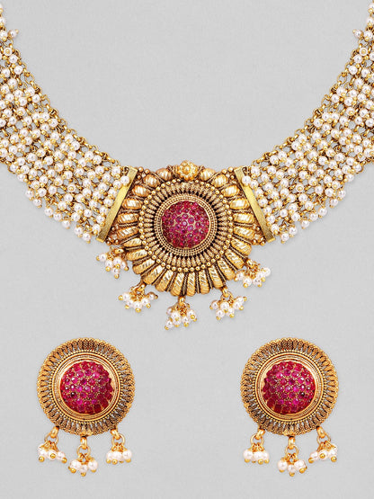 Rubans Gold Plated Handcrafted Red Stone Studded White Beaded Choker Set. Necklace Set