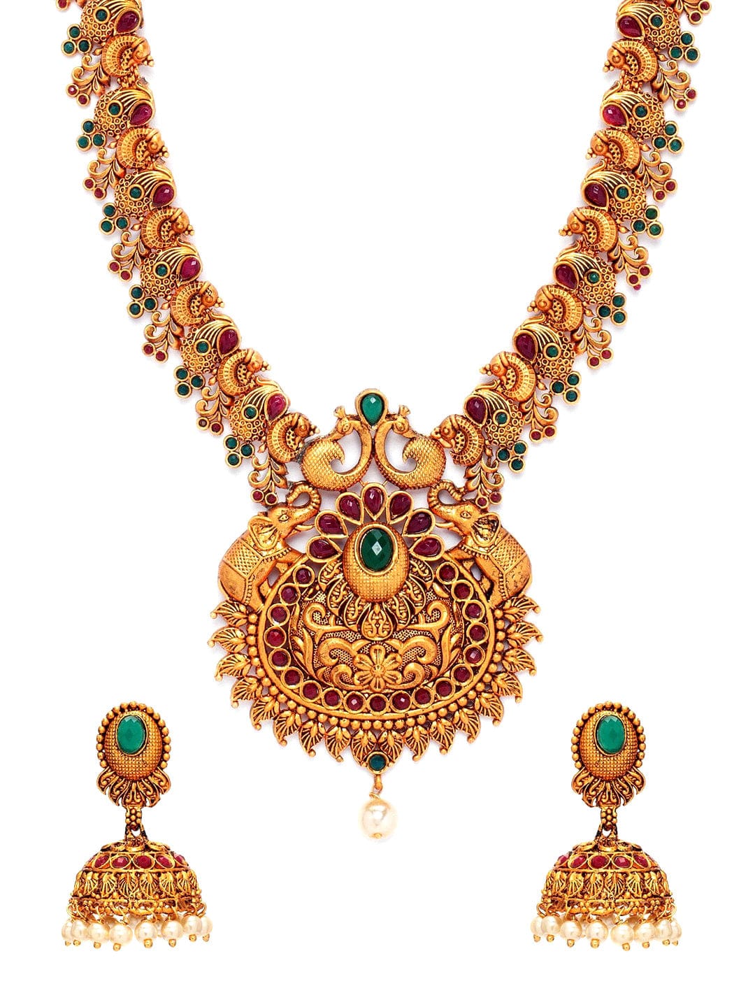 Rubans Gold Plated Handcrafted Traditional Pearl Embellished Faux Ruby And Emerald Studded Divine Lakshmi Necklace Set Necklace Set