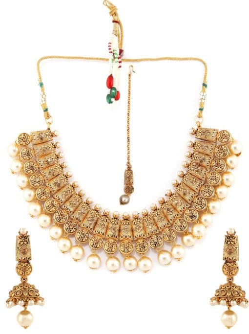 Rubans Gold Plated Handcrafted Traditional Rhinestone Necklace Set With Maang Tikka Necklace Set