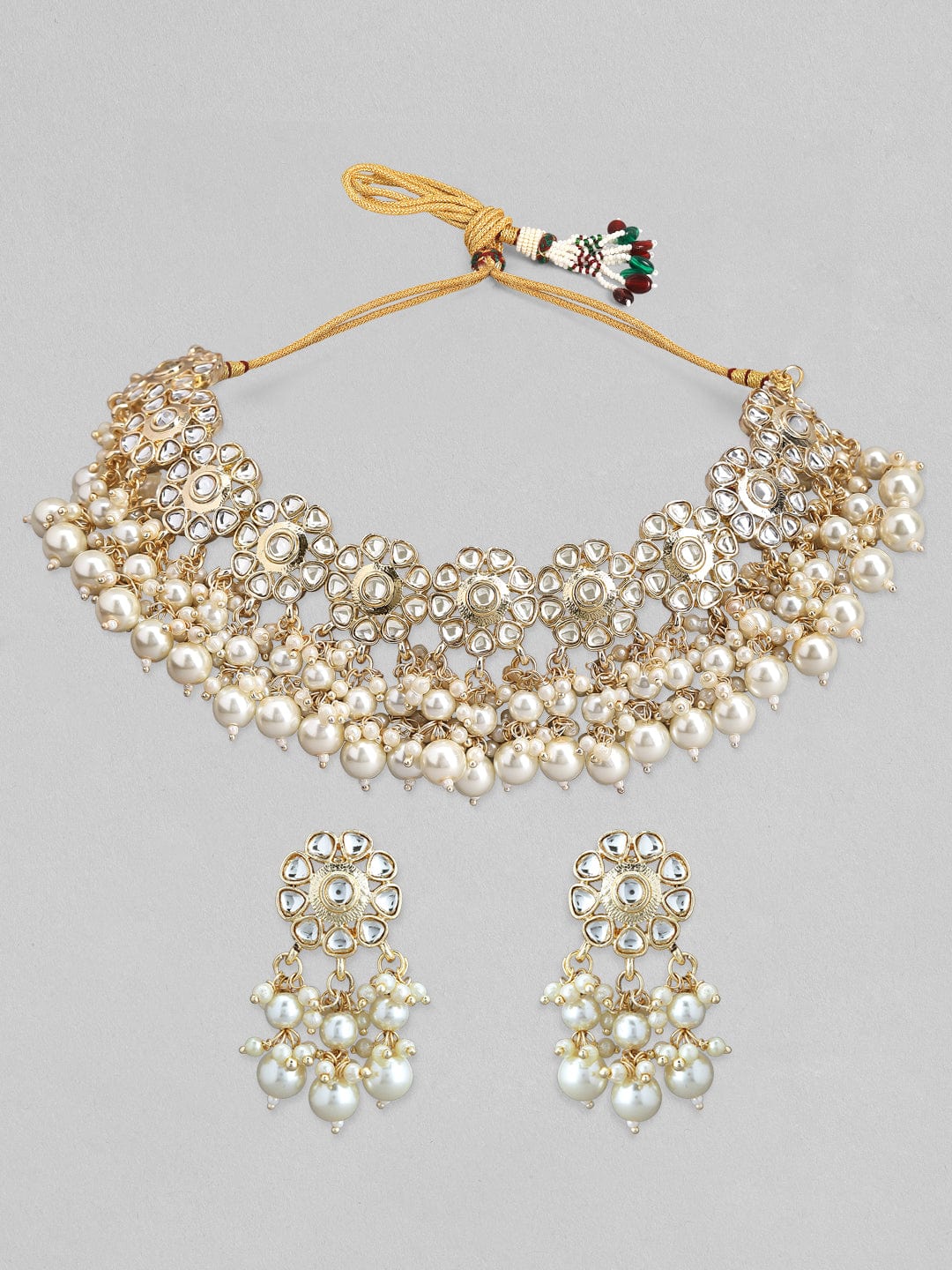 Rubans Gold Plated Handcrafted White Beads Kundan Necklace Set Necklace Set