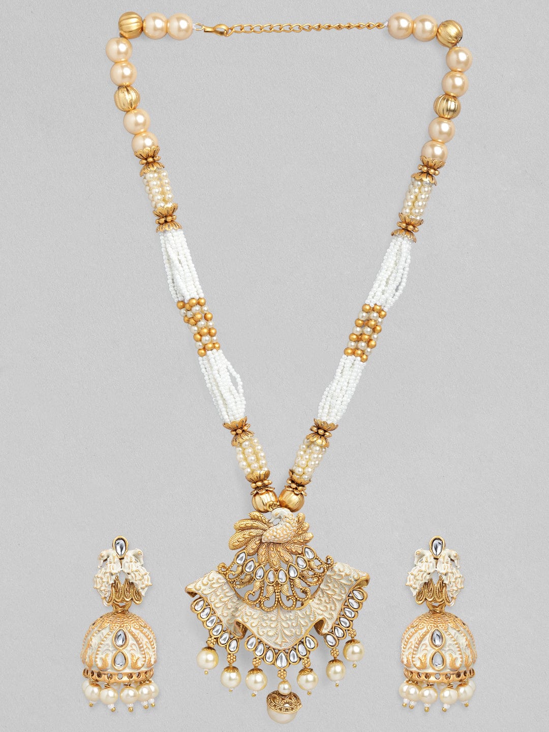 Rubans Gold Plated Handcrafted White Beads Traditional Necklace Set Necklace Set