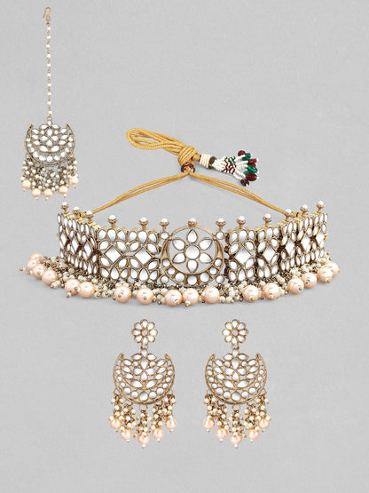 Rubans Gold Plated Handcrafted White Pearls With Mirror Choker Set. Necklace Set