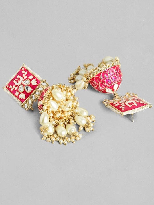 Rubans Gold Plated Handcrafted Yellow Enamel Statement &amp; Pearls Jhumka Earrings Earrings
