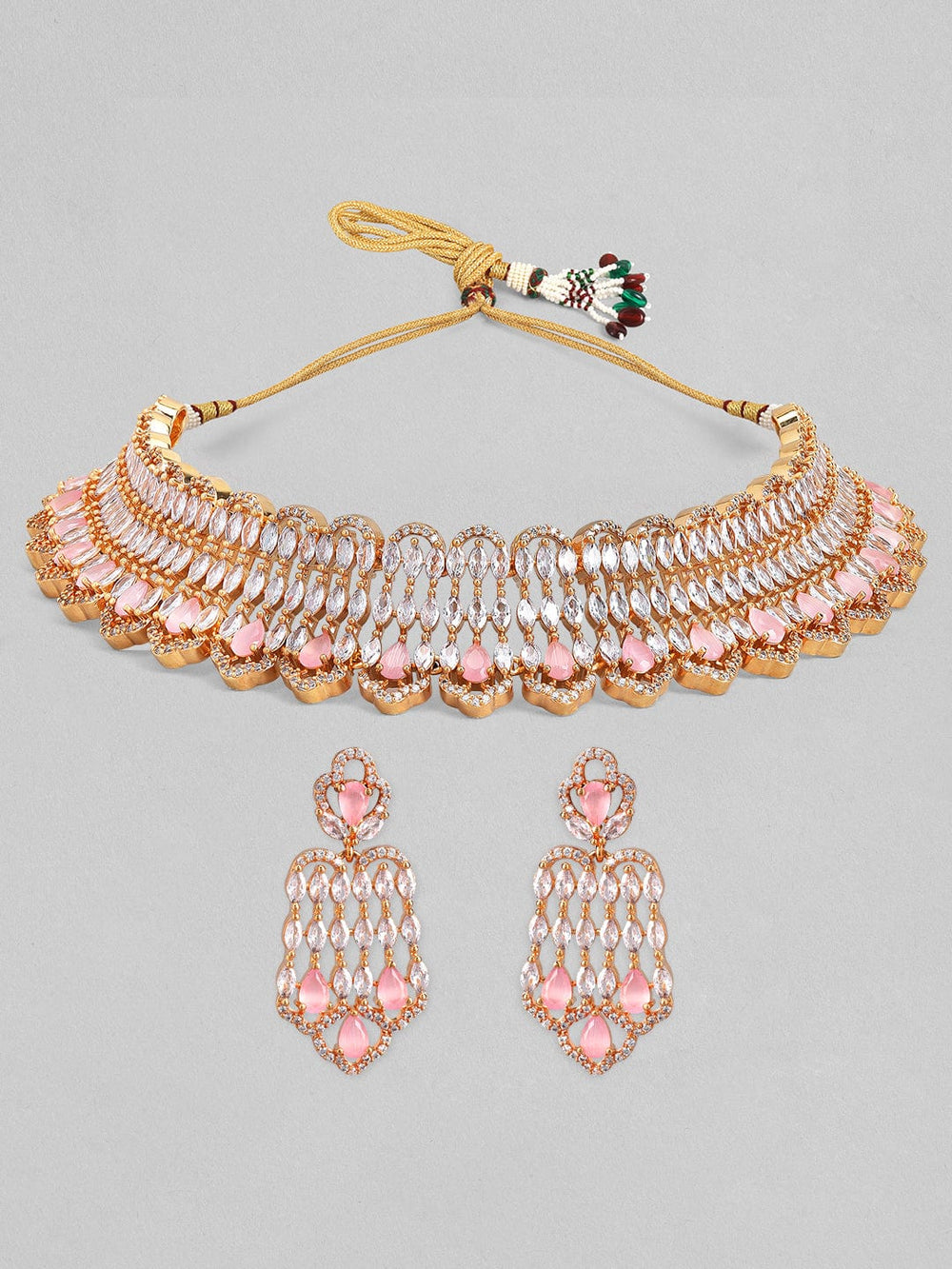 Rubans Gold Plated Handcrafted Zircon & Pink Crystal Studded Choker Set. Necklace Set