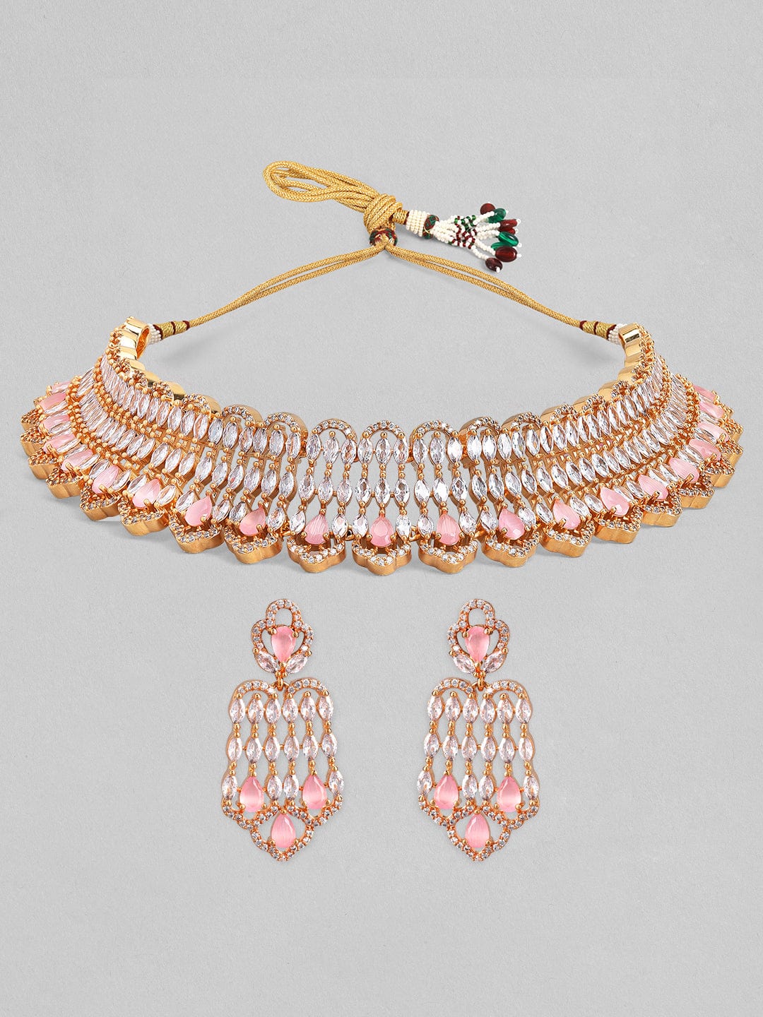 Rubans Gold Plated Handcrafted Zircon &amp; Pink Crystal Studded Choker Set. Necklace Set