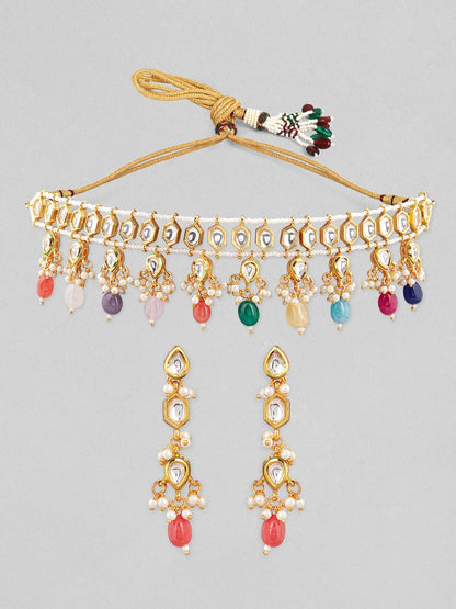 Rubans Gold Plated Kundan Choker Set With Ad And Multicolour Beads And Pearls. Necklace Set