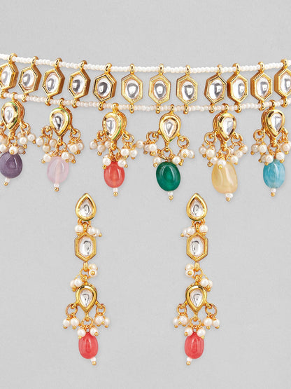 Rubans Gold Plated Kundan Choker Set With Ad And Multicolour Beads And Pearls. Necklace Set