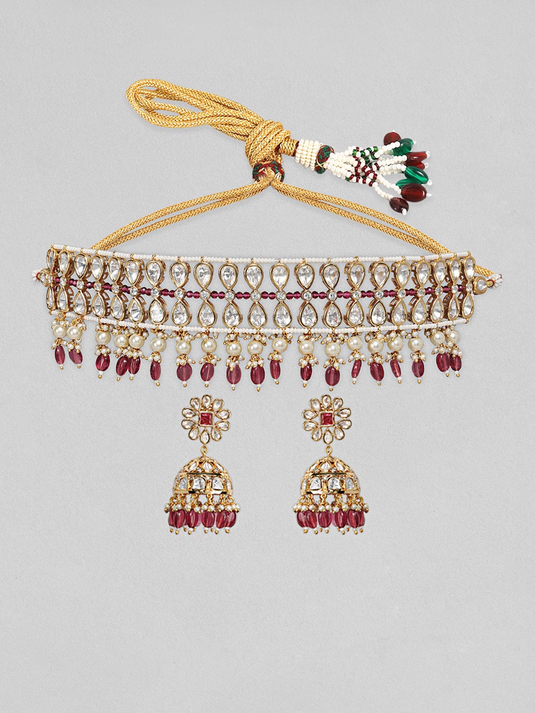 Rubans Gold Plated Kundan Choker Set With Red Beads And Pearls Necklace Set