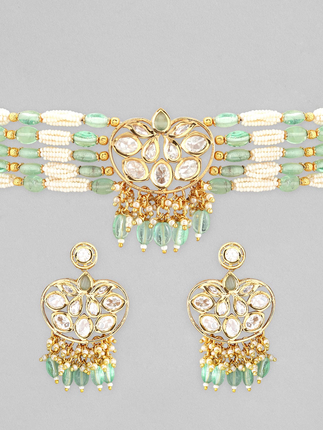Rubans Gold Plated Kundan Choker Set With White And Mint Green Beads Necklace Set