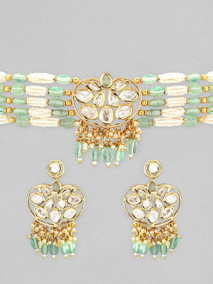 Rubans Gold Plated Kundan Choker Set With White And Mint Green Beads Necklace Set