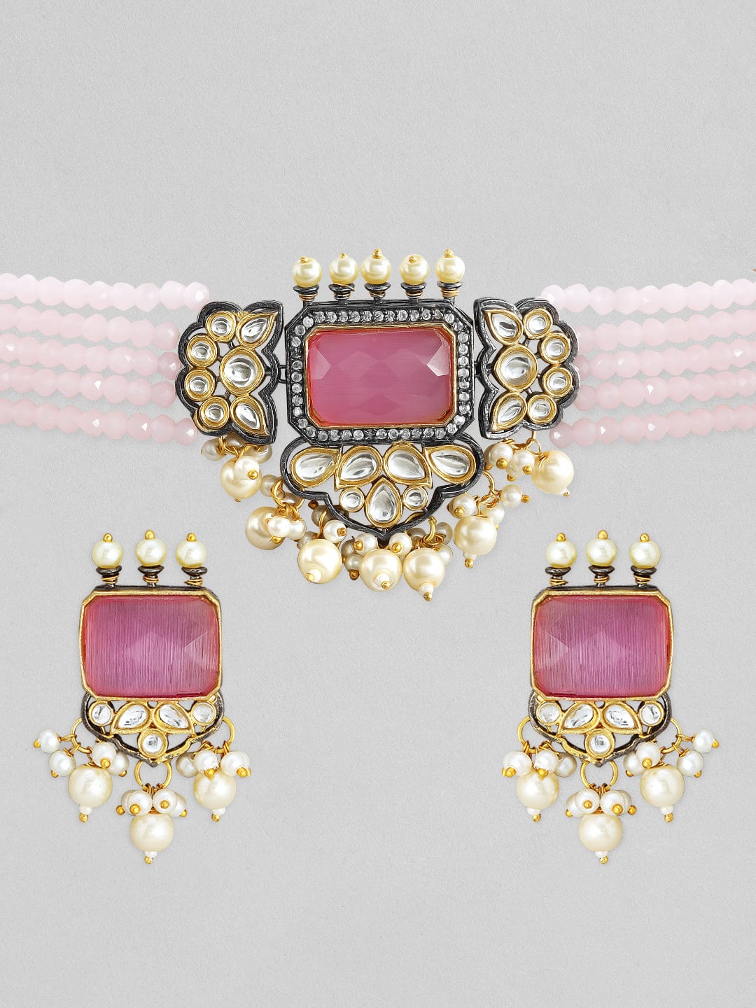 Rubans gold plated kundan choker set with white coloured beads and pastel pink stones. Necklace Set