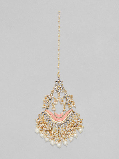Rubans Gold Plated Kundan Earrings With Pink Enamel And Pearls Earrings