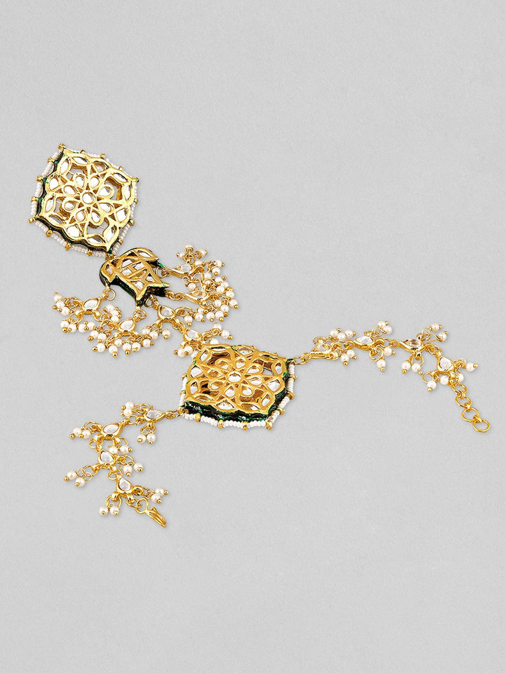 Rubans Gold Plated Kundan Hathphool With Pearls Design. Rings