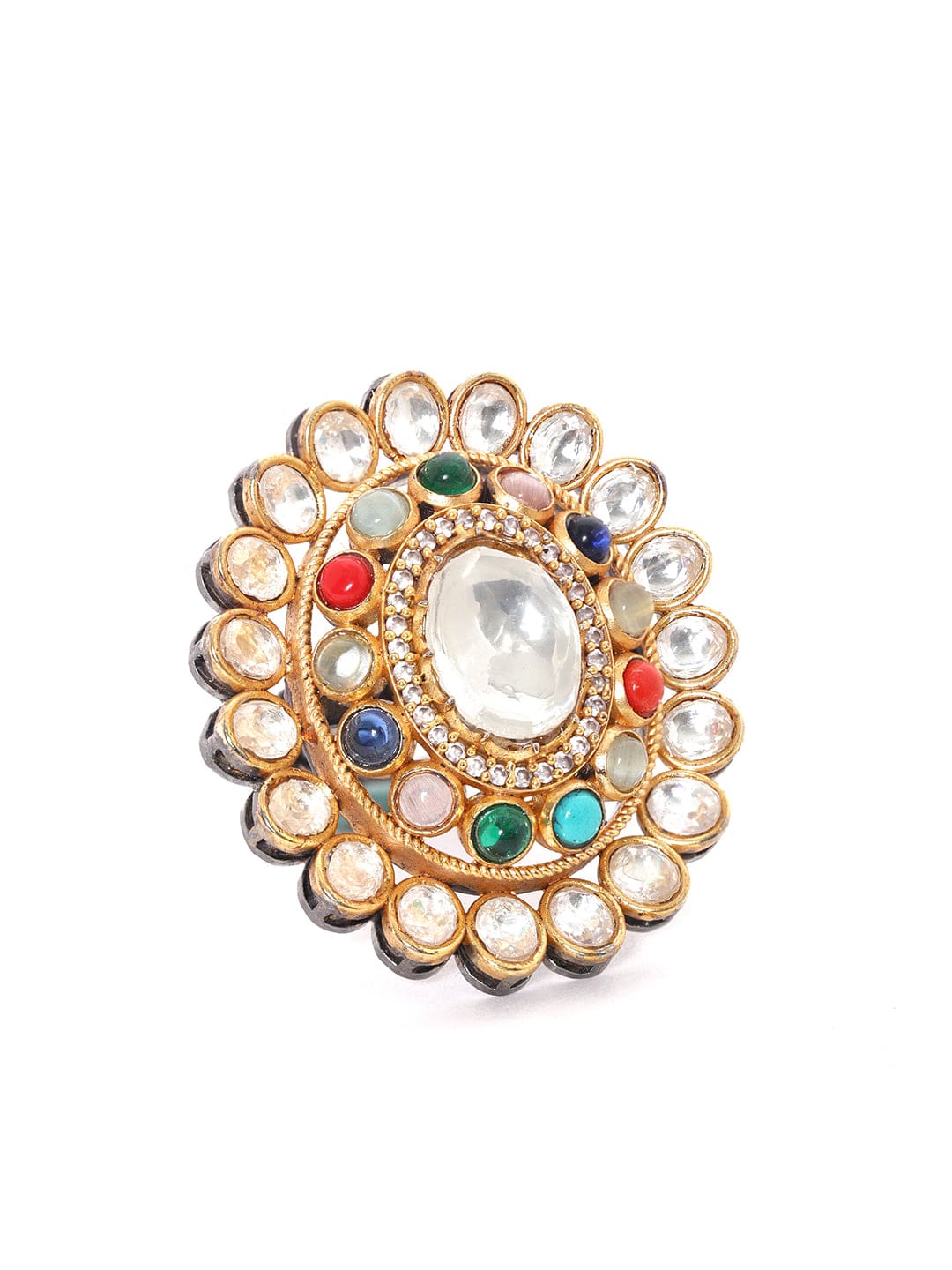 Rubans Gold Plated Kundan &amp; Multicolour Gem Zirconia Ring Rings