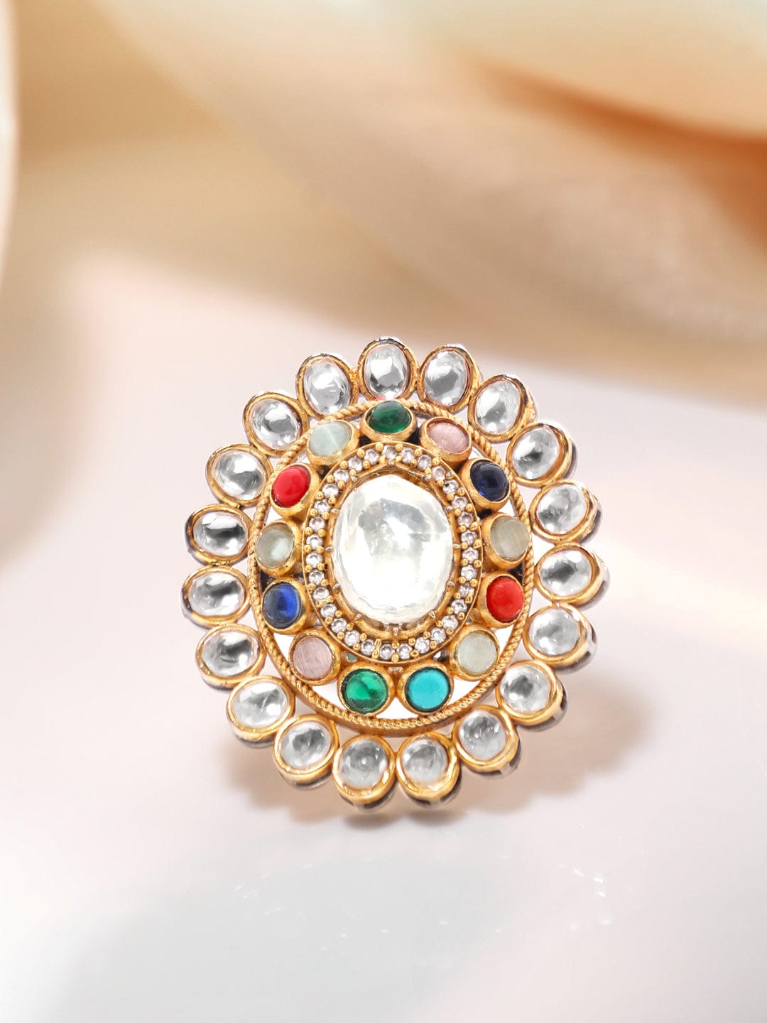 Rubans Gold Plated Kundan & Multicolour Gem Zirconia Ring Rings
