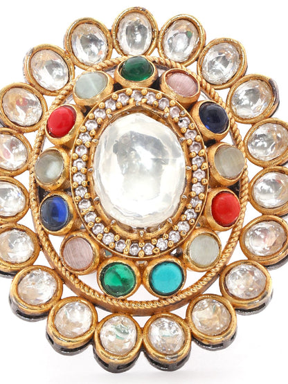 Rubans Gold Plated Kundan &amp; Multicolour Gem Zirconia Ring Rings