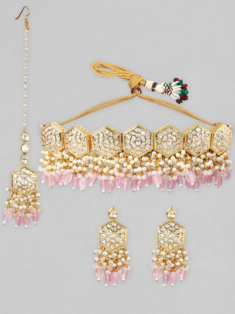 Rubans Gold Plated Kundan Necklace Set With Pastel Pink Beads And Pearls Jewellery Sets