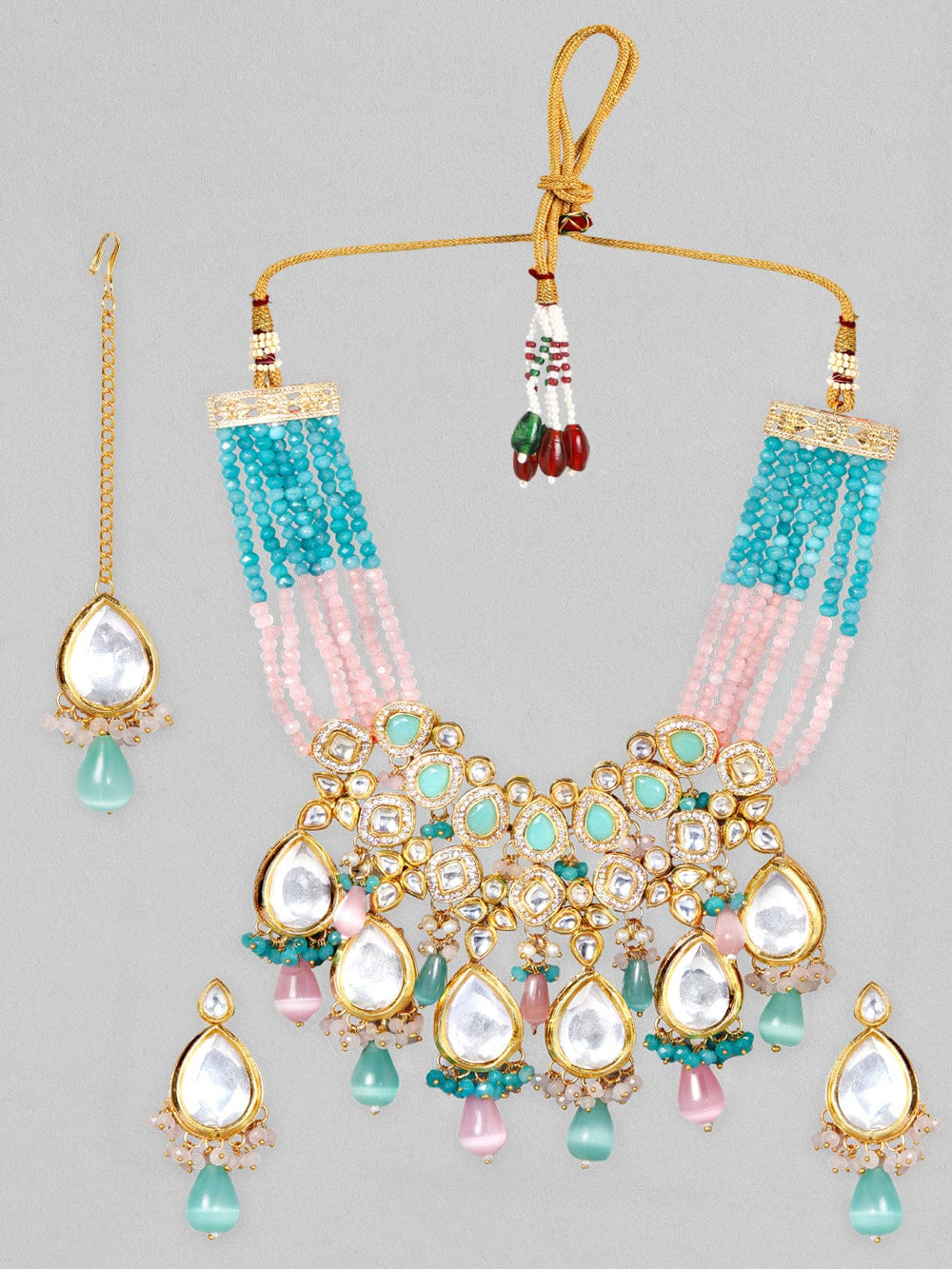 Rubans Gold Plated Kundan Necklace Set With Pink And Mint Green Beads Jewellery Sets