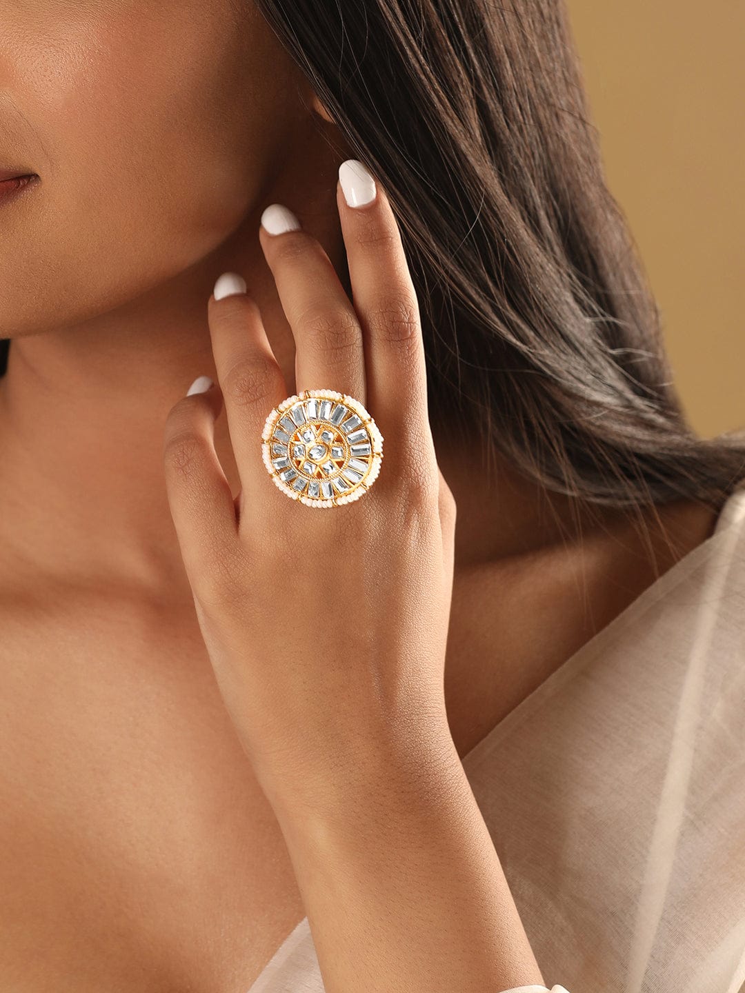 Rubans Gold-Plated Kundan Studded Finger Ring Earrings