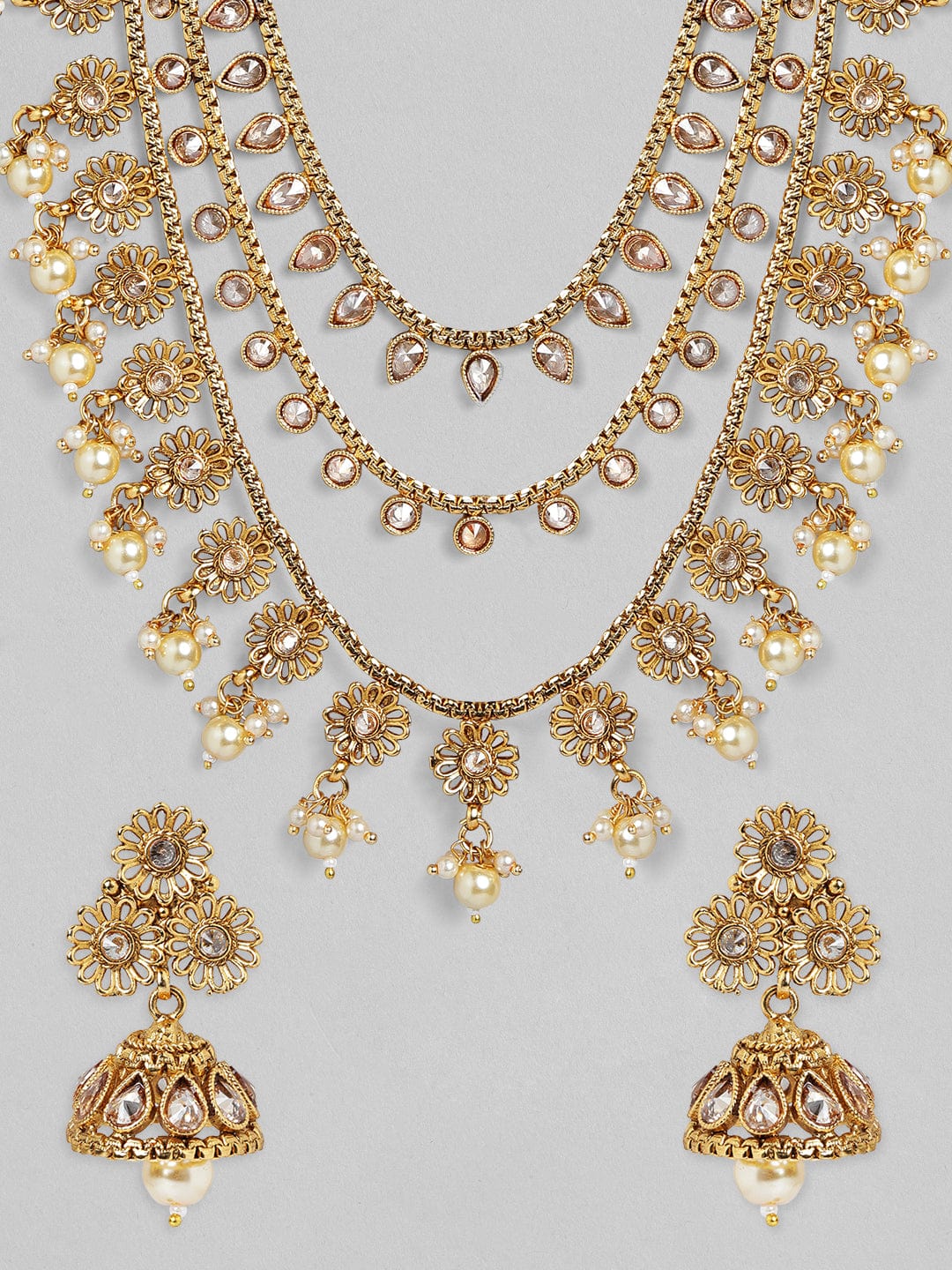 Rubans Gold Plated Layered Necklace Set With Earrings in CZ Stone And Pearls Necklace Set
